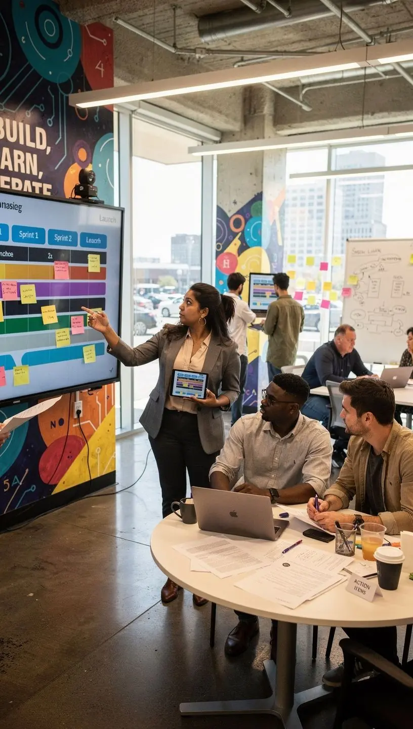 Team collaborating in a bright office, brainstorming workflow improvement strategies