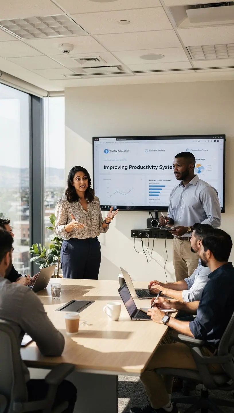 Person reviewing a productivity report on a tablet in a minimalist home office setting