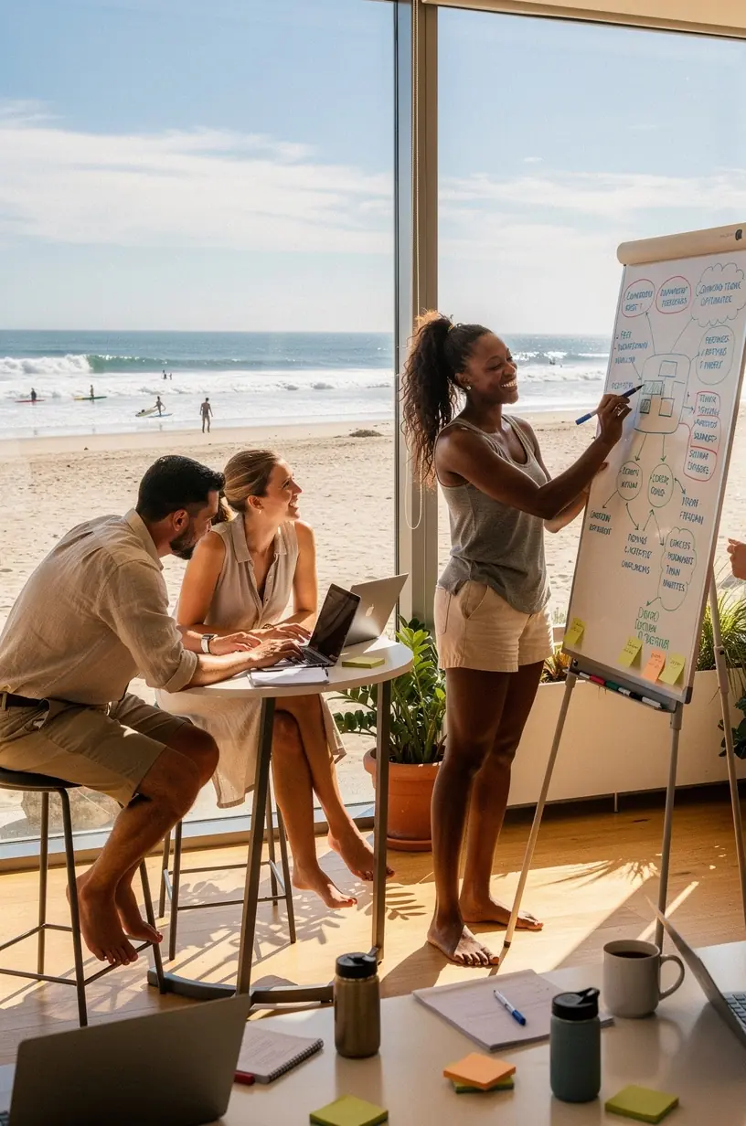 Modern workspace with dual monitors displaying workflow automation software dashboards