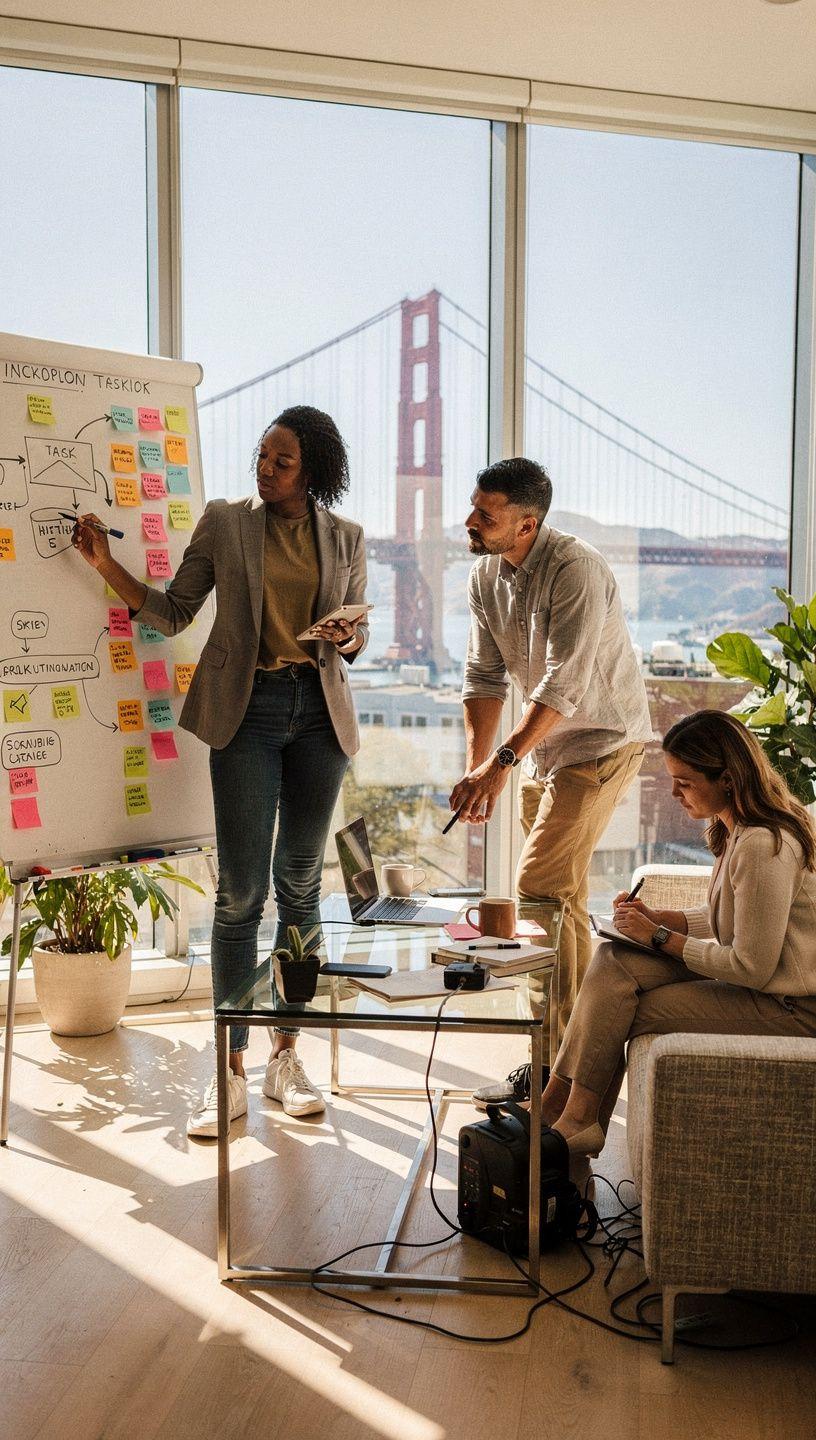 Illustration of a professional workspace with a computer screen displaying workflow automation software and task management tools, representing productivity system strategies for Canadian professionals.